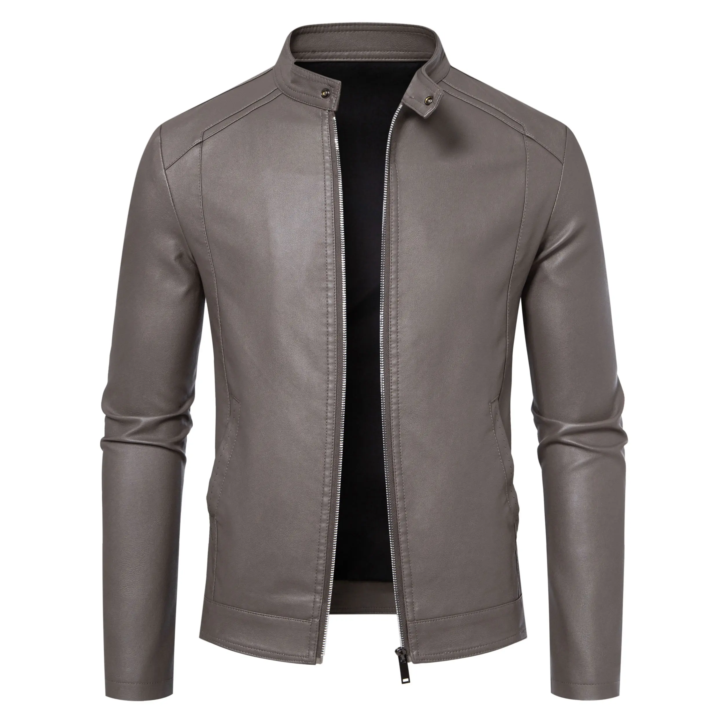 Men's Retro Biker Jacket - 100% PU Plain Faux Leather, Casual Long-Sleeve Zipper-Up Outerwear with Stand Collar