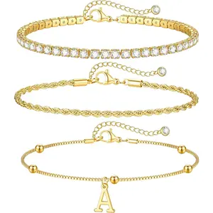 Mothers Day Gifts for Mom Daughter - Dainty Gold Bracelets for Women Personalized Gold/Silver Initial Bracelet Stack Stackable Rope Box Chain Tennis Bracelets for Girls Jewelry Set