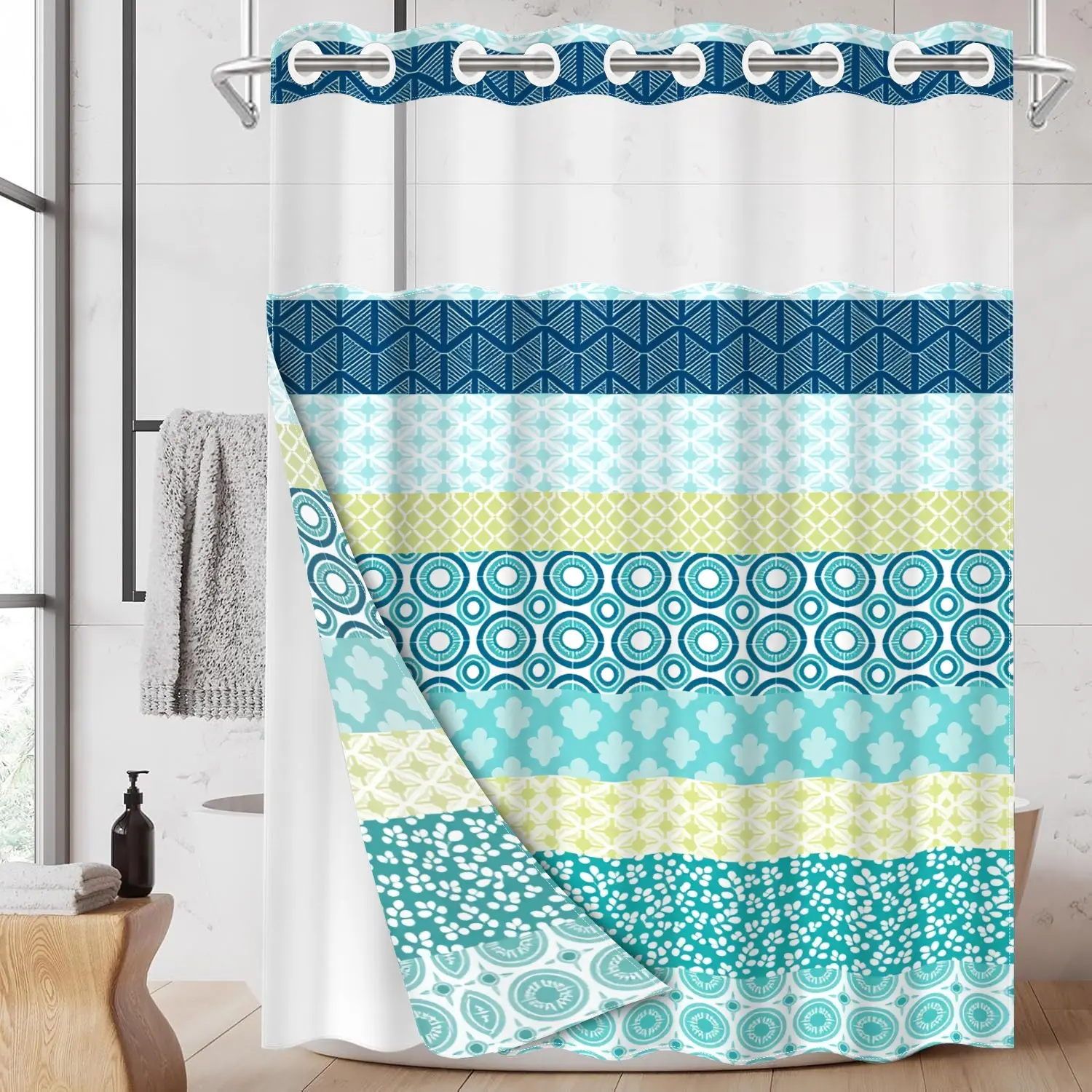 1PC 2D Flat Fresh Nordic Geometric Shower Curtain, Teal Stripe Patchwork Design, Waterproof & Detachable Liner, Bathroom Curtain (No Hooks)