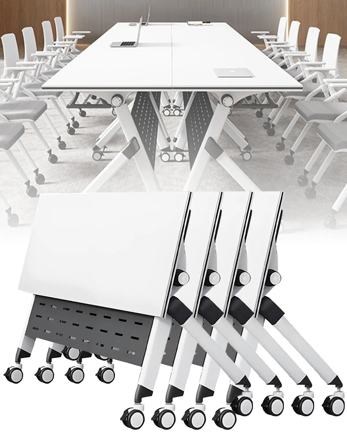 Foldable Mobile Conference Table | Metal Privacy Screen + Double Layer Shelf, Suitable for Training/Meeting/Teaching