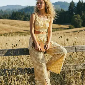 Women's Gingham 2-Piece Matching Set - Square Neck Smocked Ruffle Crop Top & Relaxed Wide Leg Split Hem Pants, Ideal for Spring Summer Festivals, Cowgirl Rodeo Outfits