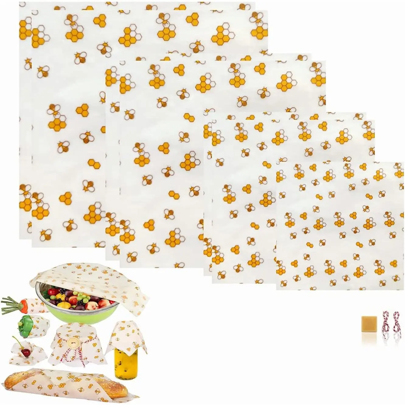 QUSEVOO Natural Reusable Multi-Size Beeswax Food Wrap (Set of 7) - Aluminum-Free, BPA-Free, Durable, Easy-to-Clean Sustainable Kitchenware, Alternative to Aluminum Foil & Parchment Paper for Fruits, Vegetables