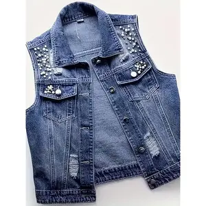 Denim Vest For Women Sleeveless Pearl Outerwear Cropped Vests Button Closure Coat Large Size Jean Jacket Coat