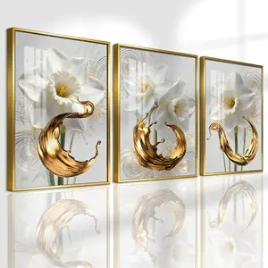 3 Counts Aluminum Alloy Framed Painting, White Daffodil Flowers With Golden Liquid Art Pictures, Home Decoration For Living Room, Bedroom, Office, Restaurant, Hallway Wall Decor, Odorless Print Artwork, Luxury Perfect Gift For Friends And Family