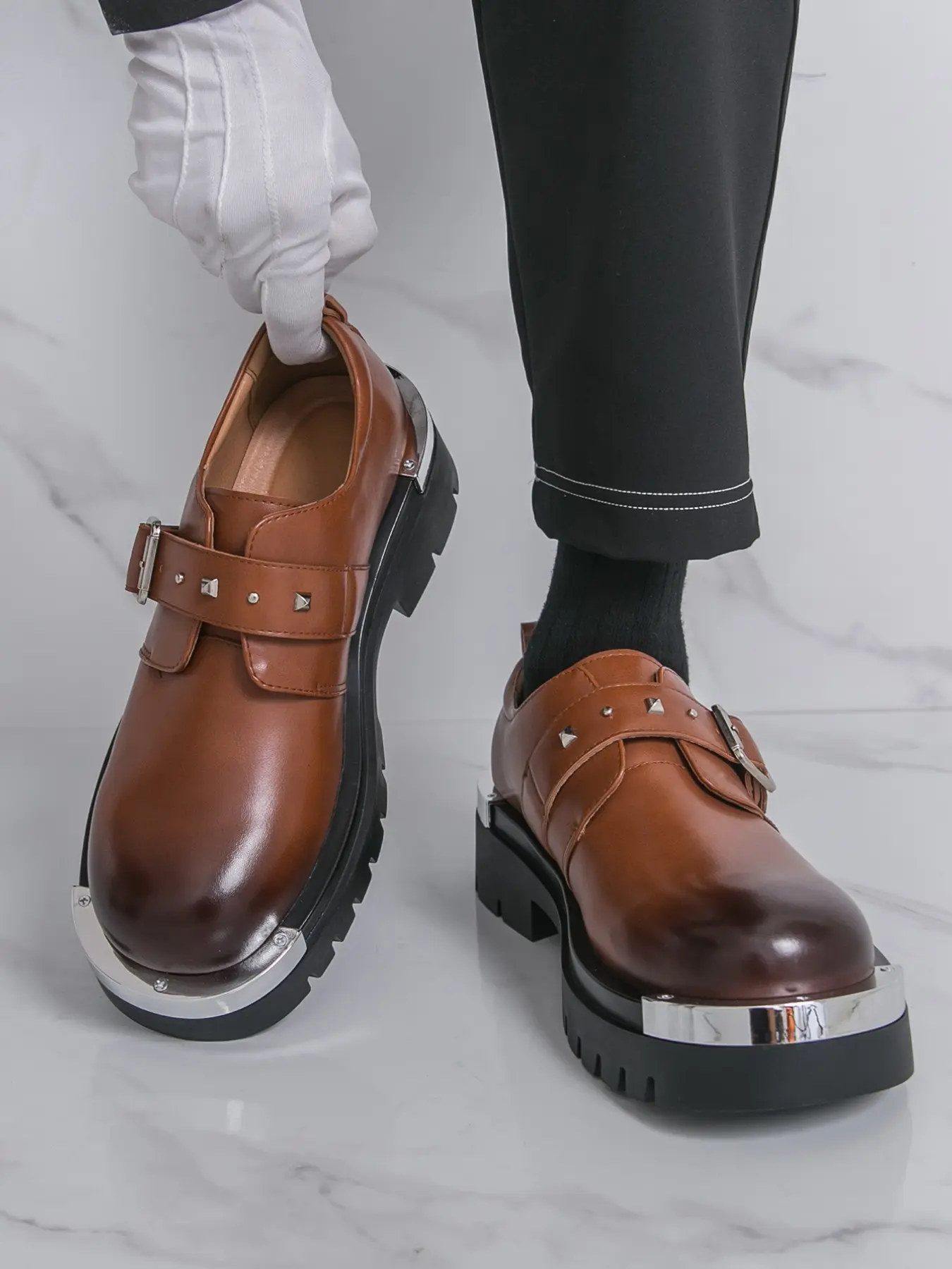 Men's Thick Sole Monk Strap Shoes, Metal Toe Heel + Buckle, Punk Style Leather Shoes, Streetwear, Formal Wear & Office Compatible