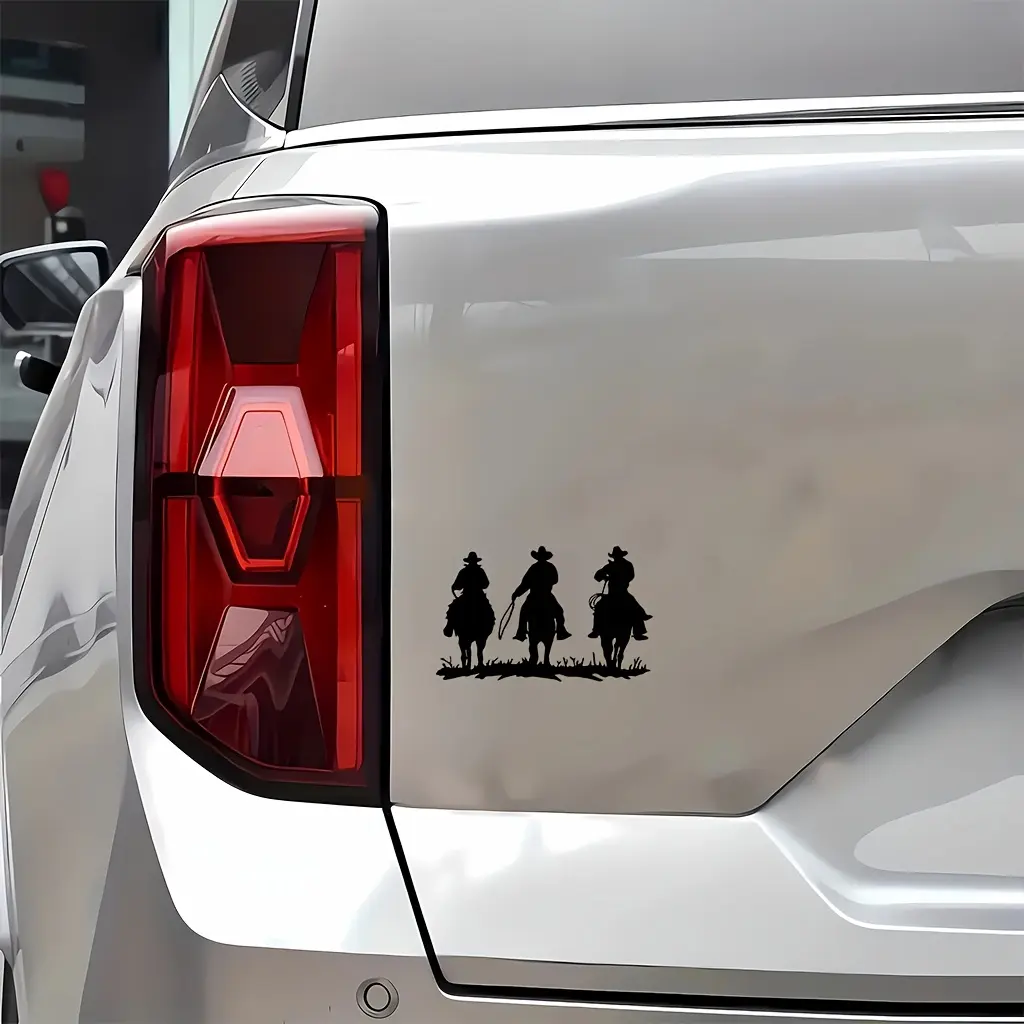 1PC Street Western Vintage Cowboy Sticker, Car Decorative Sticker, Car Decals, For Motorcycle, Carry Bags, Stationery Personalized Three Cowboys on Horses Silhouette Decor In Daily Use A Must-Have For Western Culture & Vintage Silhouette Style Fans