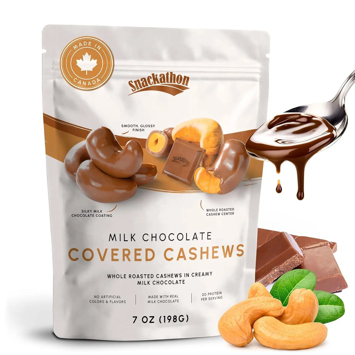 Snackathon Milk Chocolate Covered Cashews, Resealable Bag, Whole Roasted Cashews Coated in Creamy Milk Chocolate, Gourmet Nuts for Charcuterie, Gifting & Snacking, Made in Canada