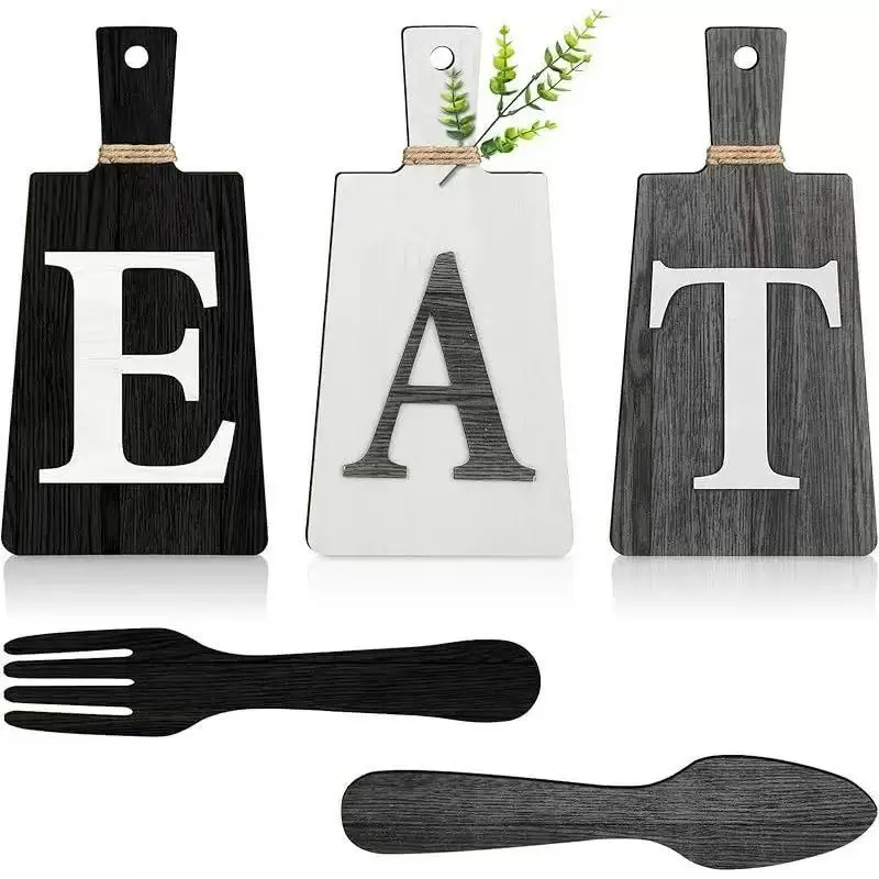 Wooden Kitchen Decoration Plaque, 5 Counts/set Eat Letter & Sunflower Pattern Hanging Wall Art, Wooden Letter Sign, Wall Decor for Home Kitchen Dining Room