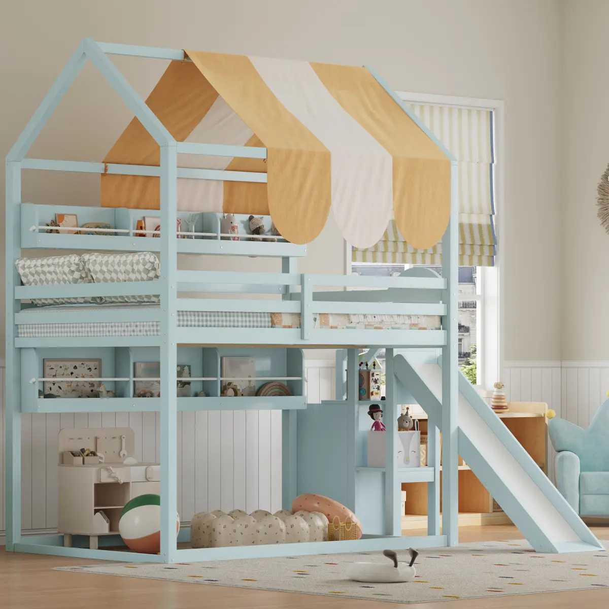 Full Size house Loft Bed with Canopy & Built-In Bookshelves, Wood Loft Bed Frame with Storage