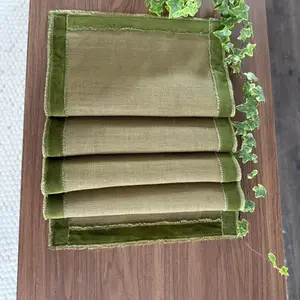 Rustic Moss Green Table Runner with Velvet Trim Farmhouse Coffee Table Decor for Home Decor 15x49in Custom Size Available Burlap Style Woven Fabric with Plush Edges