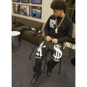 K$ LETTERING Straight Leg Style Jeans  - BLACK