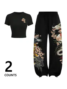 Women's Round Neck Short Top Set, Y2K Street Style Dragon & Plum Blossom Print, Casual Sweatpants, Summer, Slim Fit, Womenswear