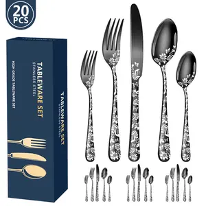 Patterned stainless steel cutlery set (5 pieces, 20 pieces) - Western-style steak knife, fork, and spoon set.