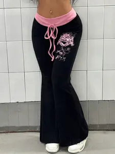 Women's Colorblock Print Flare Fitted Pants, Elastic Waist Drawstring Adjustable Design, Casual Long Trousers for Spring & Fall Seasons