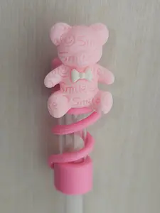 Teddy Bear Silicone Straw Topper  - Light Blush Pink