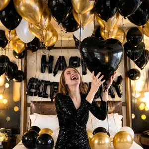 1/42pcs 16 Inch Black Happy Birthday Aluminum Foil Balloons And Black, Gold, White Latex Balloons, Black And Gold Love Balloon Set, Happy Birthday Foil Balloon Party Decoration, Baby Party Decoration, Baby Shower