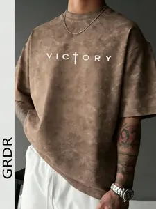 Men's Vintage Mineral Wash Oversized T-Shirt - Victory Cross Graphic Tee in Earthy Brown - Heavyweight Distressed Cotton Top for Streetwear Aesthetic and Casual Summer Outfits
