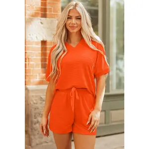 Women's 2-Piece Orange Textured V-Neck Short-Sleeve Batwing Shirt and Fitted Pants Set - Basic, Comfortable Summer Casual Dopamine Clothing