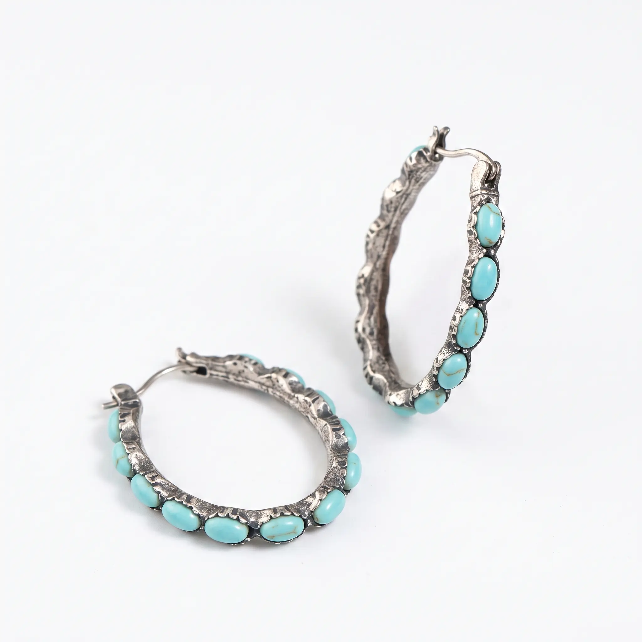 S925 Turquoise Hoop Earrings (2pcs) - Intricate Design, Vibrant Stones, Turquoise Jewelry