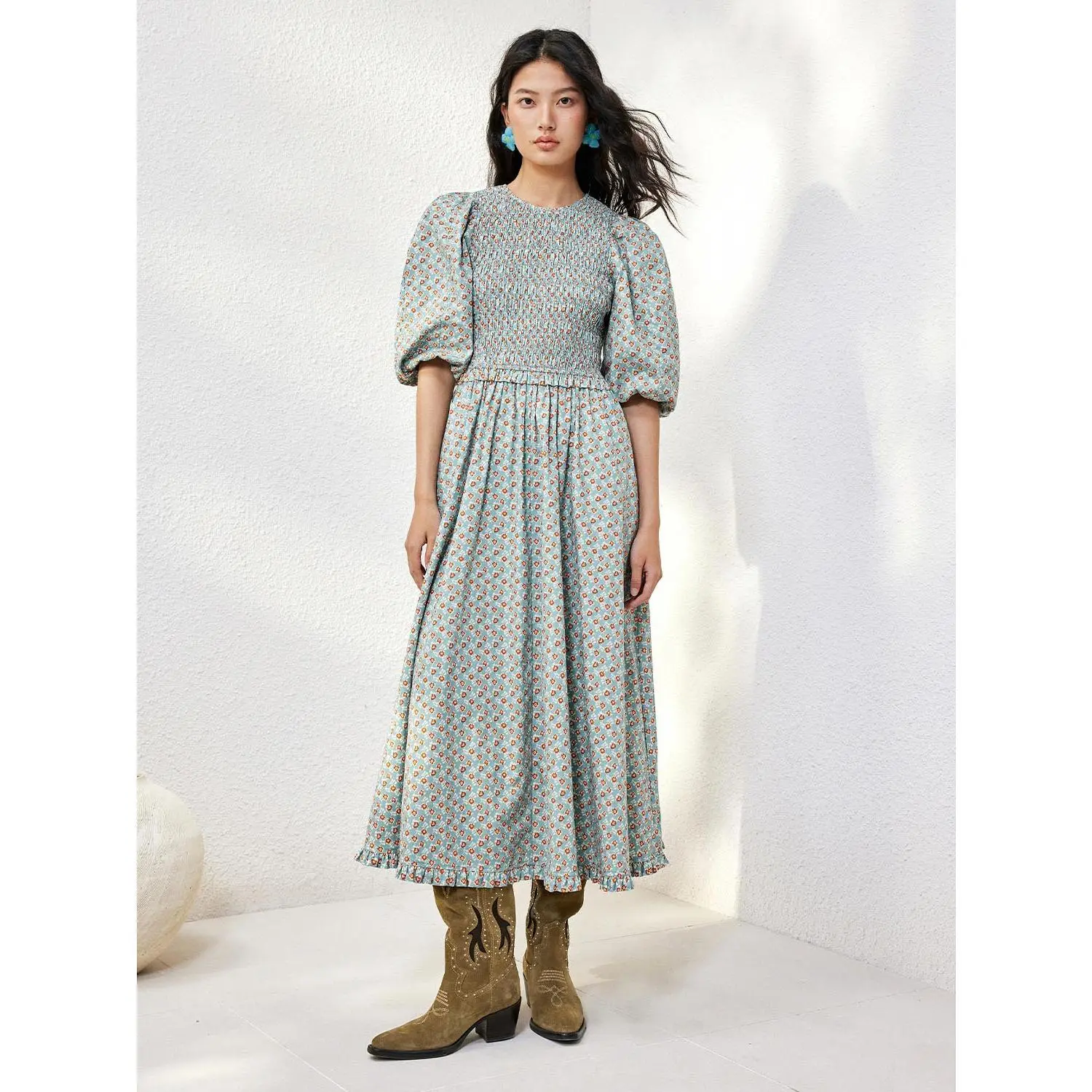 URBAN REVIVO 2026 Lady's Crew Neck Long-Sleeve A-Line Maxi Dress - Multi-Color Stretch Fabric Cotton, LA-Inspired Casual Wear, Ready to Wear, Color-Resistant, Cold Wash Only, A-Line Cut, Do Not Bleach, Elegant, Long Length, Xl, Xs, 100% Cotton, Women, Rou