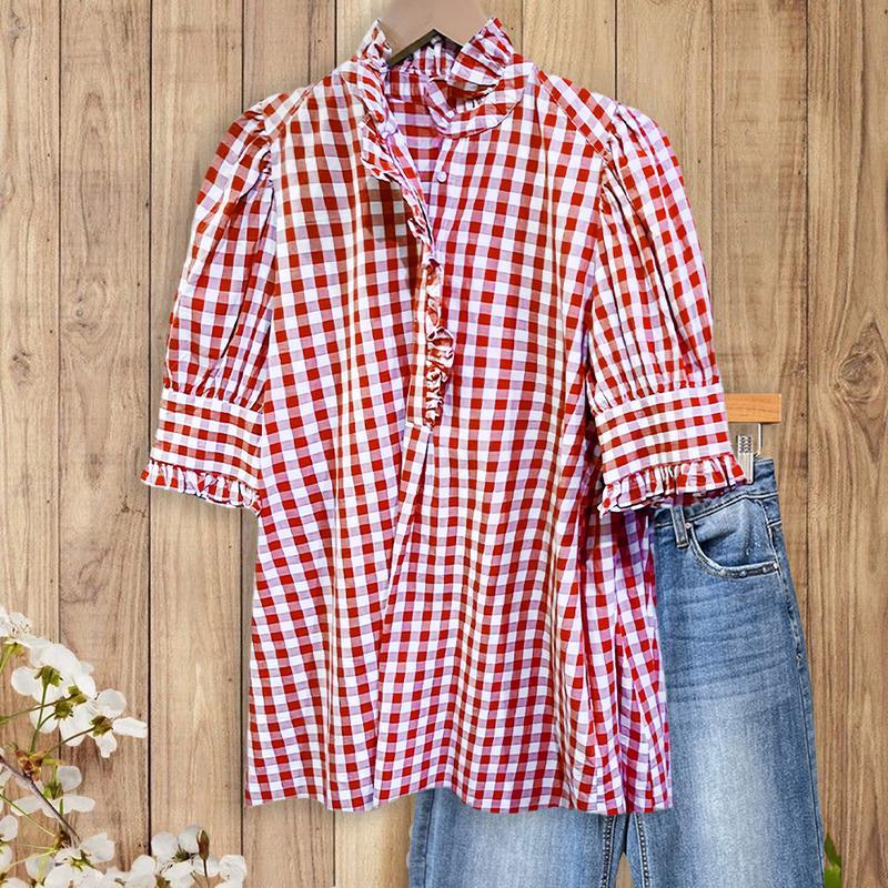 100% Cotton Green/Khaki/Red/Blue Gingham Check Shirt with Ruffle Neckline & Puff Sleeves Medium Length Women's Fashion Top Runs Large