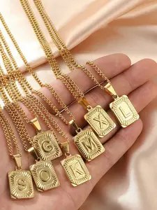 Square Letter Necklace, Casual Trendy Style, Stainless Steel Material, 26 English Letters Initial Choker, Women's Daily Wear