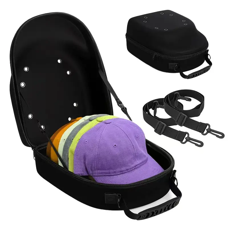 Hard Shell EVA Hat Carrier Case for Travel, Men's Compact Organizer for 6 Baseball Caps, Waterproof & Breathable Storage with Shoulder Strap, Hat Storage Solution, Baseball Cap Holder, Container, Clothes, Sturdy, Practical, 8 Vent Holes Reduce Odor, Organ