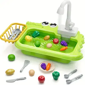 Mini Sink with Running Water and Automatic Water Circulation System - Interactive Simulation Dishwasher for, Green ABS Plastic, Includes Tableware and Fruits/Vegetables, Educational Role-Playing, Suitable for Boys and Girls, Sink, Fun Des