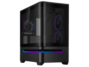ASUS Prime AP202 ARGB Black mATX case with fully tempered curved glass, supports graphics cards up to 420mm long, 360mm long radiators, easy-detach rail, patented slot vent, built-in three ARGB fans