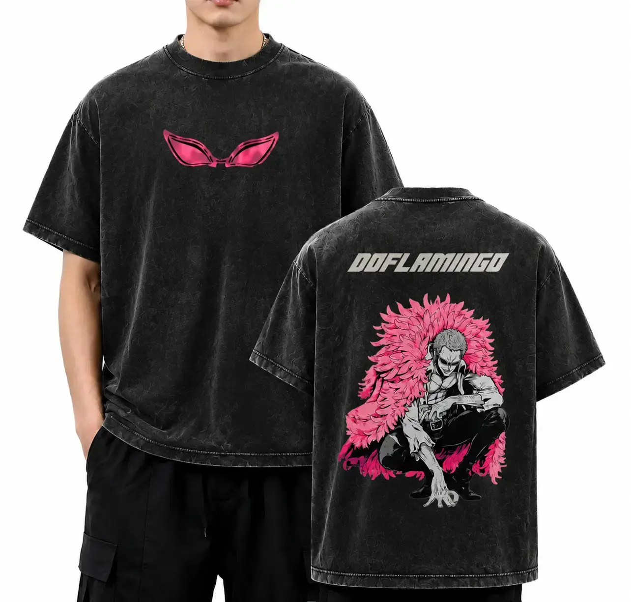 Vintage Acid Washed Doflamingo Smile Anime T-Shirt - One Piece Retro Graphic Tee Unisex Y2K Streetwear Lightweight Cotton Top