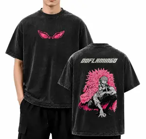 Vintage Acid Washed Doflamingo Smile Anime T-Shirt - One Piece Retro Graphic Tee Unisex Y2K Streetwear Lightweight Cotton Top