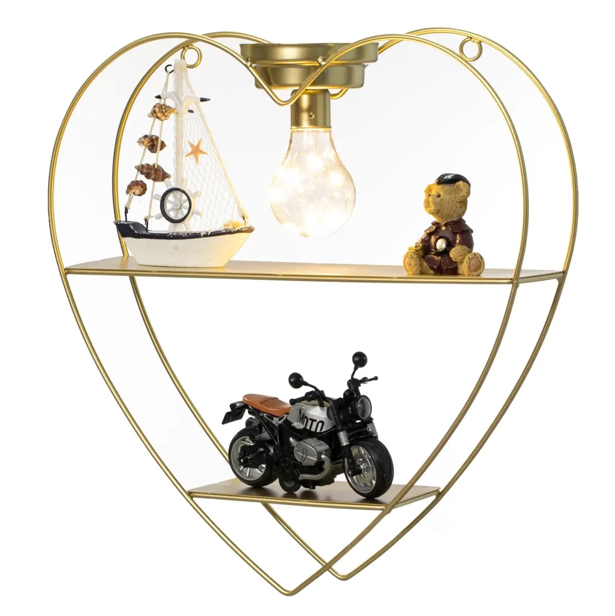 Vintiquewise QI004691.Hrtgold Retro Heart-Shaped 2-Tier Wall-Mount Metal Hanging Shelf with Wooden Platform, Overhead Light Bulb - Industrial-Minimalist Farmhouse Home Decor Organiser with Shelves for Kitchen Needs, Decorating Use
