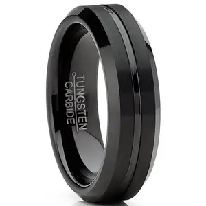 Mens Tungsten Wedding Band Black Ring Grooved Center 6MM Sizes 5-13