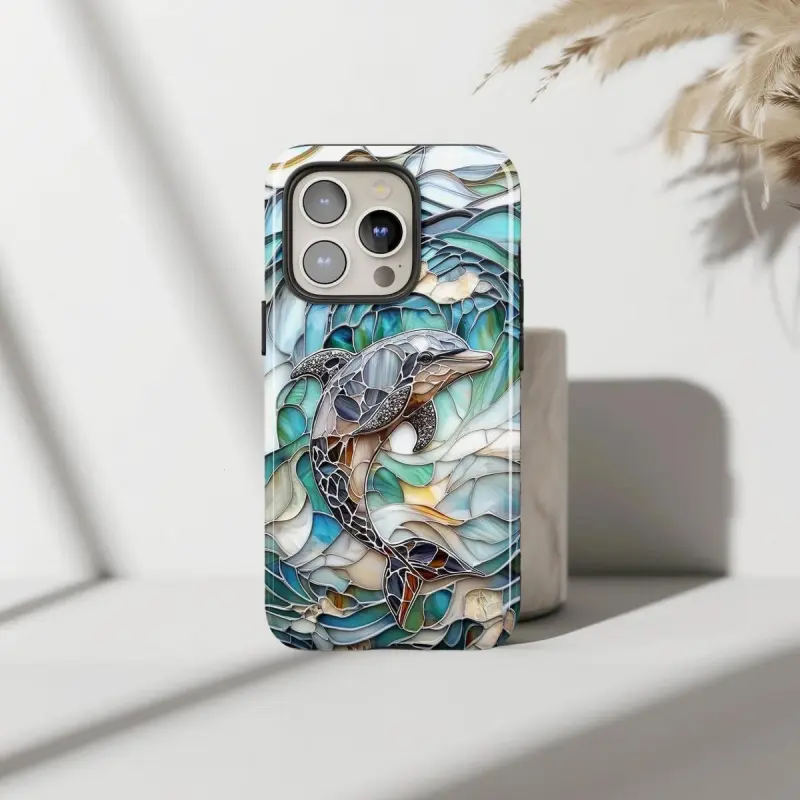 Stained Glass Dolphin Smartphone Case - Slim Fit, Protective, Durable Ocean Blue Animal Patterned Mosaic Art Cover with Beach Vibe for iPhone X,11,11 Pro Max,12,13,14,15 Pro Max Plus, Summer Gift Mobile Accessory, Iphone 11 Pro Max