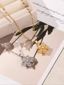 Dopamine Colorful Artificial Zircon Rotating Bauhinia Flower Pendant Necklace, Daily Wear Dainty Necklace, Elegant Sparkling Jewelry for Women & Girls, Perfect Gift for Holidays & Birthdays