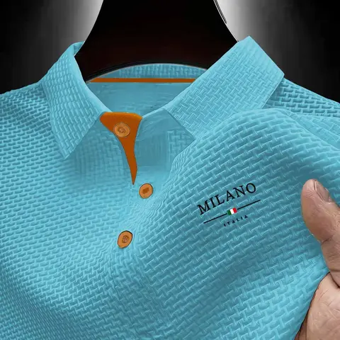 【Black Friday】 Y314MILANO Men's Summer Polo Shirt, Casual Quick-Dry Breathable Polo Shirt, Striped & Letter Pattern, Sporty Slim-Fitting Top, Men's Essential Clothing