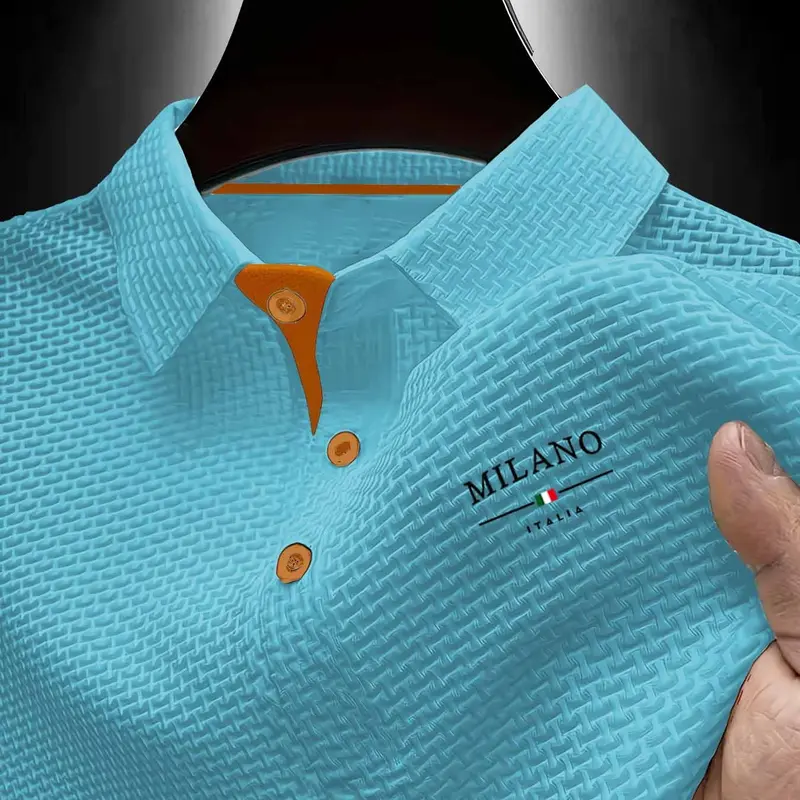 【Black Friday】 Y314MILANO Men's Summer Polo Shirt, Casual Quick-Dry Breathable Polo Shirt, Striped & Letter Pattern, Sporty Slim-Fitting Top, Men's Essential Clothing