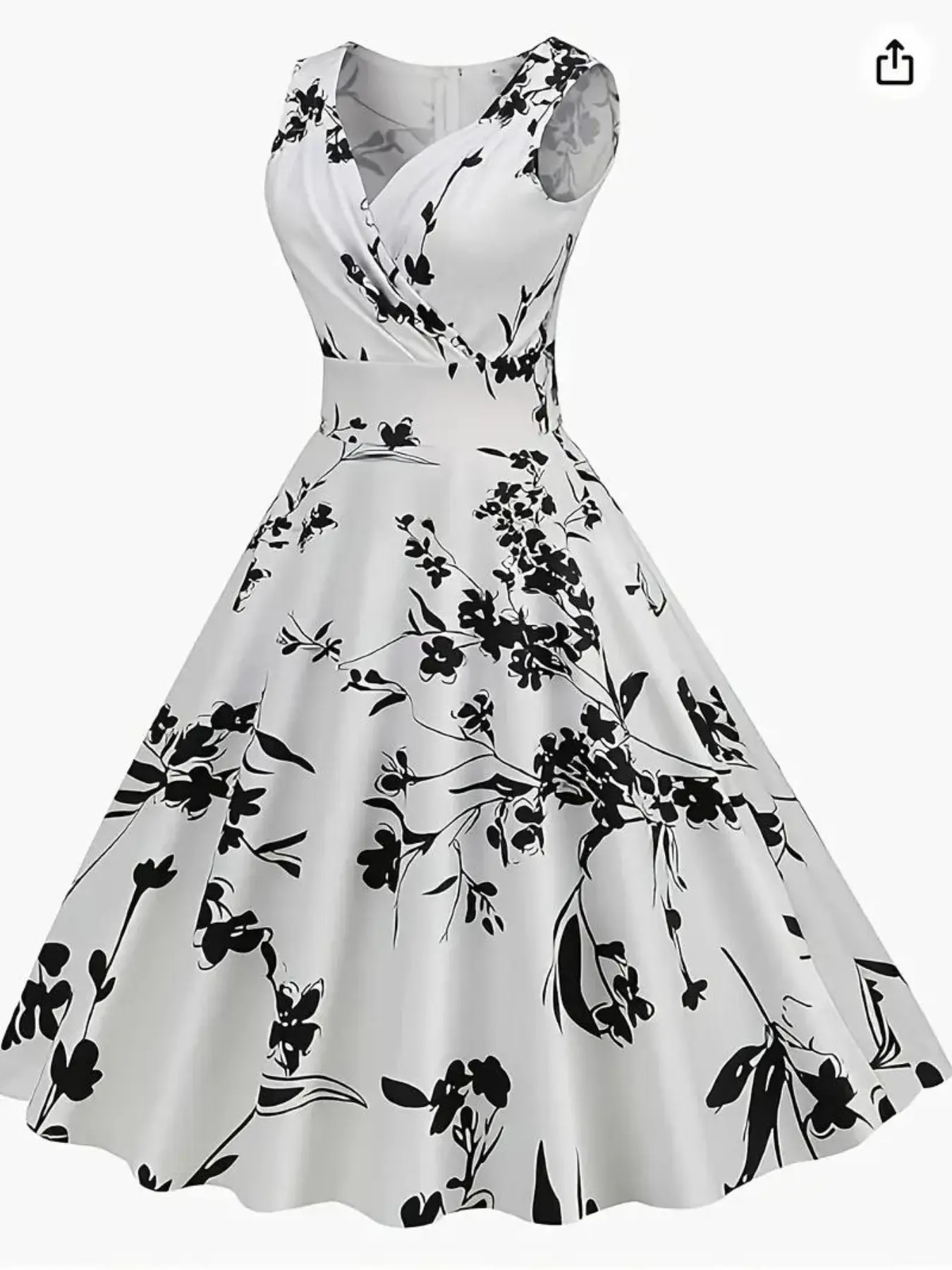 Ink Floral All Over Print V Neck Sleeveless Dress, Vintage Waist A-Line Skirt, Elegant Office Party Hepburn Style Women's Clothing