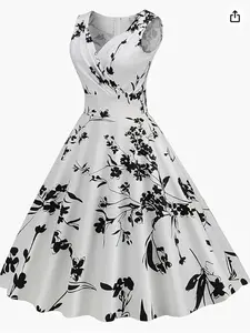 Ink Floral Print V Neck Sleeveless Dress, Vintage Waist A-Line Skirt, Elegant Office Party Hepburn Style Women's Clothing