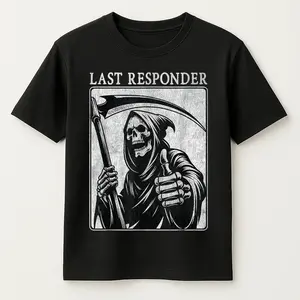 Last Responder Grim Reaper Graphic T-Shirt - Men's Vintage Distressed Cotton Tee, Black with White Print, Short Sleeve, Round Neck, Casual Retro Style for All Seasons Halloween gift