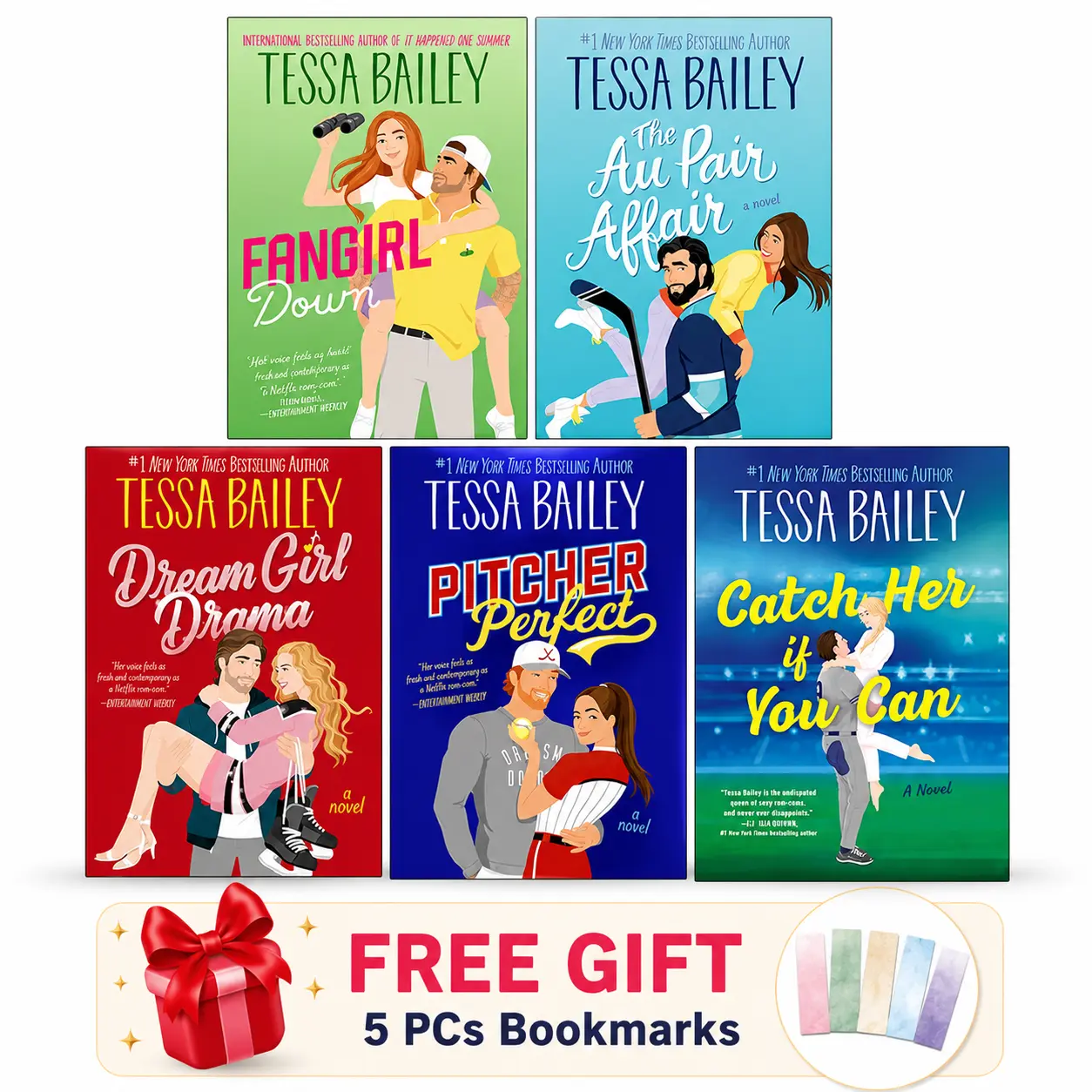Big Shots Series By Tessa Bailey, 5 Book Set Includes Fangirl Down Au Pair Affair Dream Girl Drama Pitcher Perfect Catch Her If You Can, Sports Romance Books, BookTok Gift, Free 5 Pcs Bookmarks