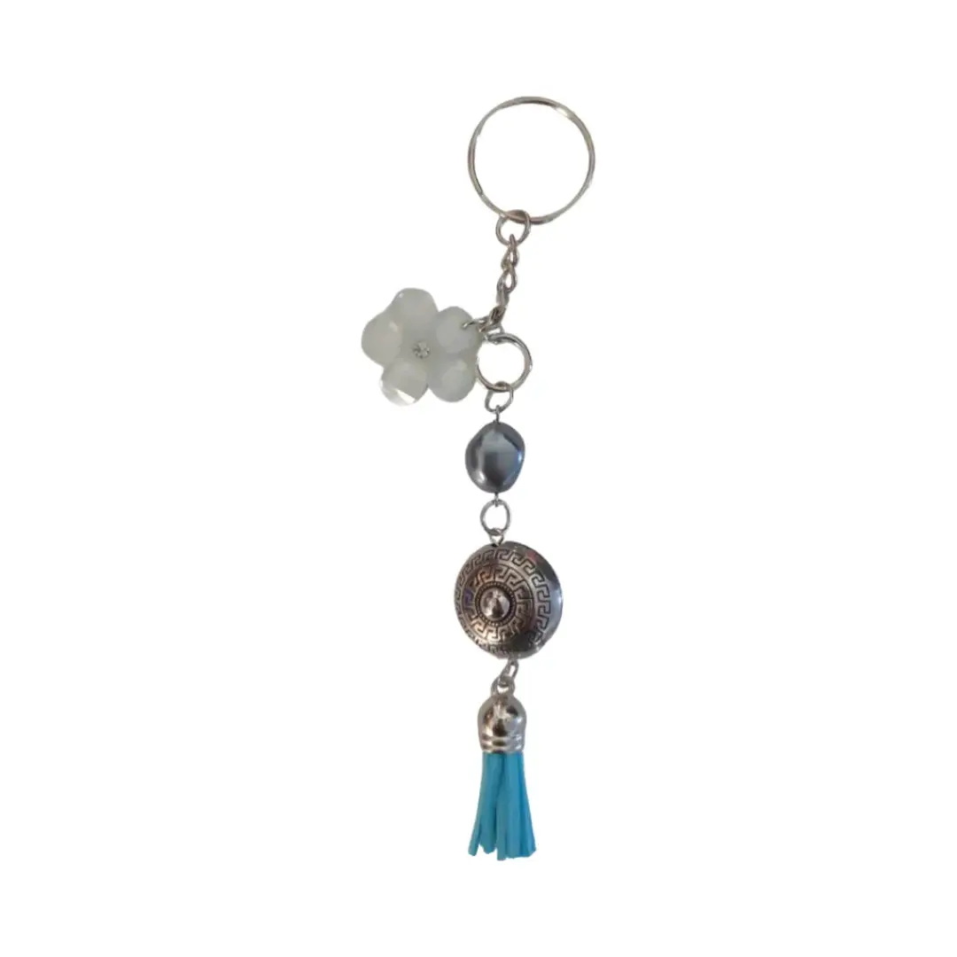 Keychain - Flower and tassel charms with silver plastic beads on silver chain