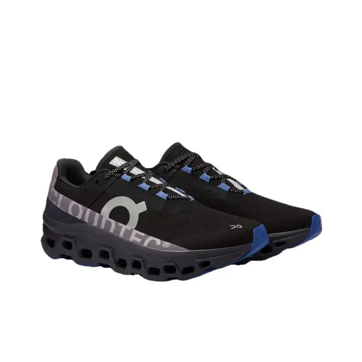 Brand New Sealed Unisex Black Breathable Knit Mesh Running Shoes, with Original Shoe Box, Blue Shoelace & Toe Accents Grey Side Letter Print Hollow Cushion Outsole Daily Jogging Road Training Athletic Sneakers