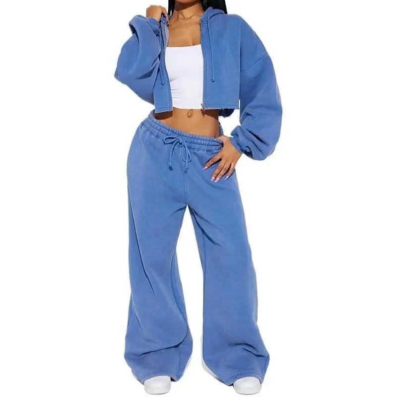 Women's zipper cardigan pants casual set, hooded sweatshirt jogging wide leg pants two-piece