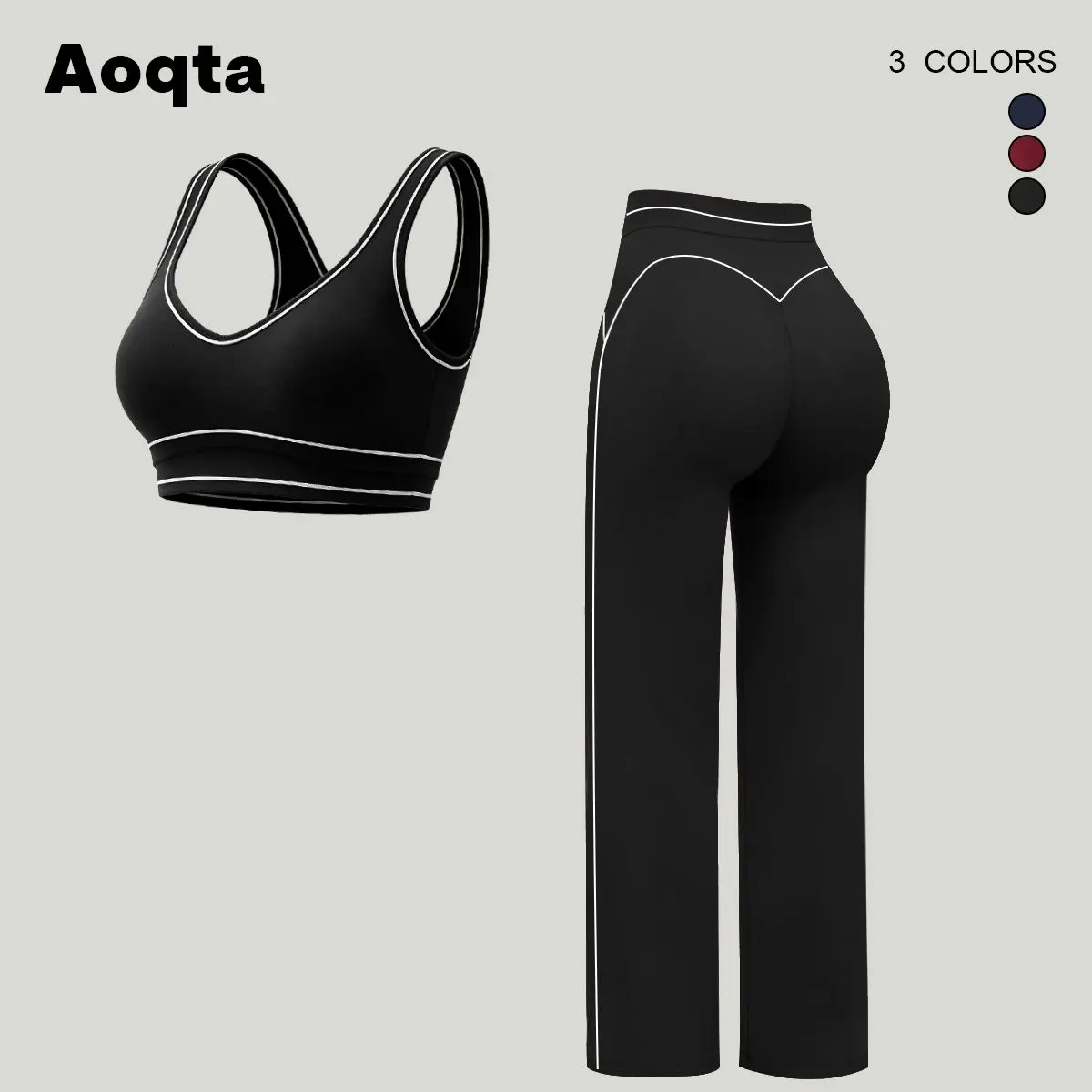 Aoqta yoga Women's Sport Casual 2-Piece Set, Sexy Backless Sleeveless U-Neck Contrast Color Trim Cropped Cami Tank Tops with Chest Pads and High Waist Tummy Control Butt-Lifting Straight Wide Leg Pants, for Yoga, Training, Gym and Daily Wear