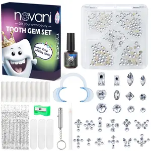 NOVANI DIY Temporary Tooth Gem Starter Kit Bundle - 260Gemz, 20Microbrush Applicators, White Gemz Pencil Picker, UV Bonding Glue, Mini UV Light, 10 Cotton Rolls Also includes cartoon stickers Oral sparkly Jewelry Rhinestones