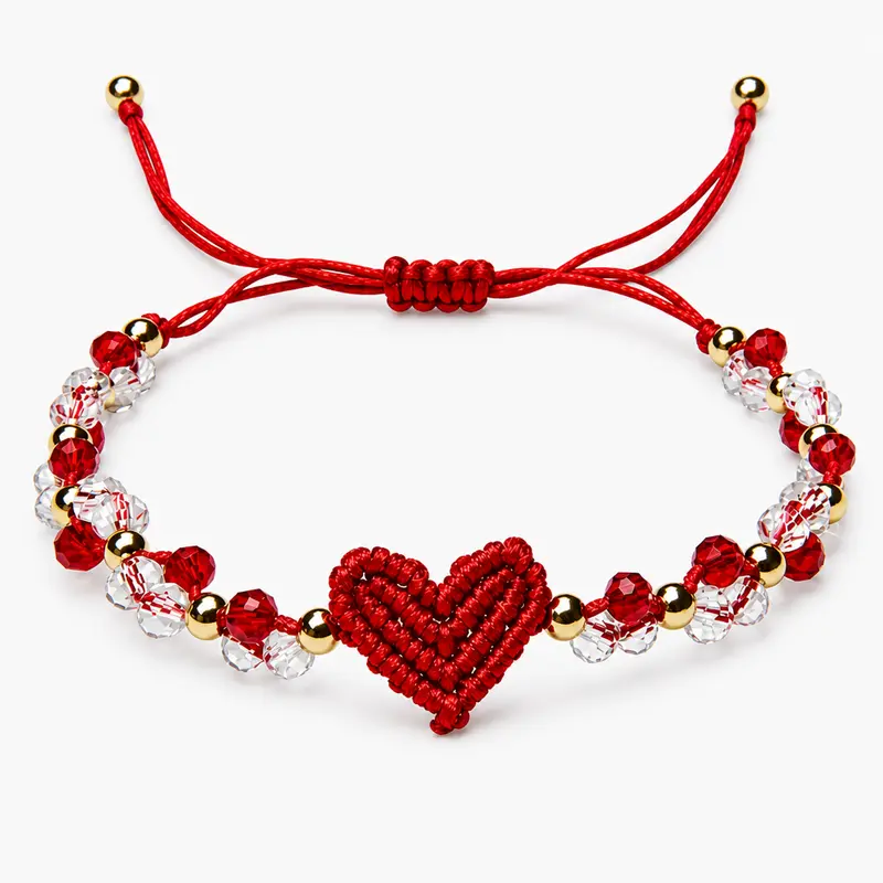 Women's Handwoven Red Heart Macrame Bracelet - Adjustable, Handmade Beadwork, Patterned Rope, Feminine Items for Adults, Accessories Adults Female, Romantic Accessories, Bracelet Stacks, Gift-Ready Card Daily Elegance Jewelry