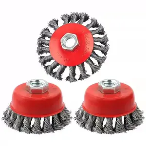 3-Piece Set, Bowl-shaped Steel Wire Brush, 5/8-11 Threaded Shank Twisted Carbon Steel Wire Wheel Grinding & Rust Removal Brush