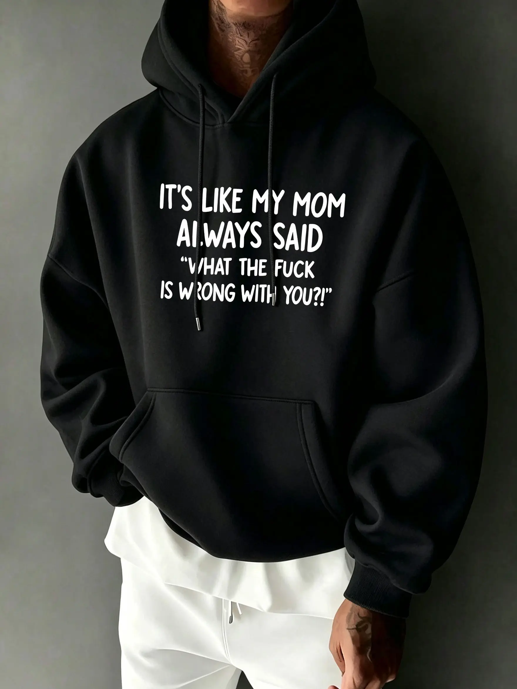 Men's Casual Menswear Long-Sleeve Loose-Fit Crewneck Sweatshirt, Sarcastic Mom Quote Graphic Print, Unisex Streetwear Pullover