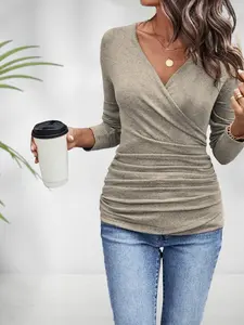 Elegant New Fashion Solid Color Women's T-Shirt, Fitted Top, V-Neck Design, Stylish Casual Wear, Perfect for Daily